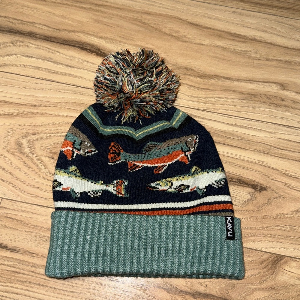 Kavu Hat Blue Sea Green Blue Salmon Fish Print Winter Beanie